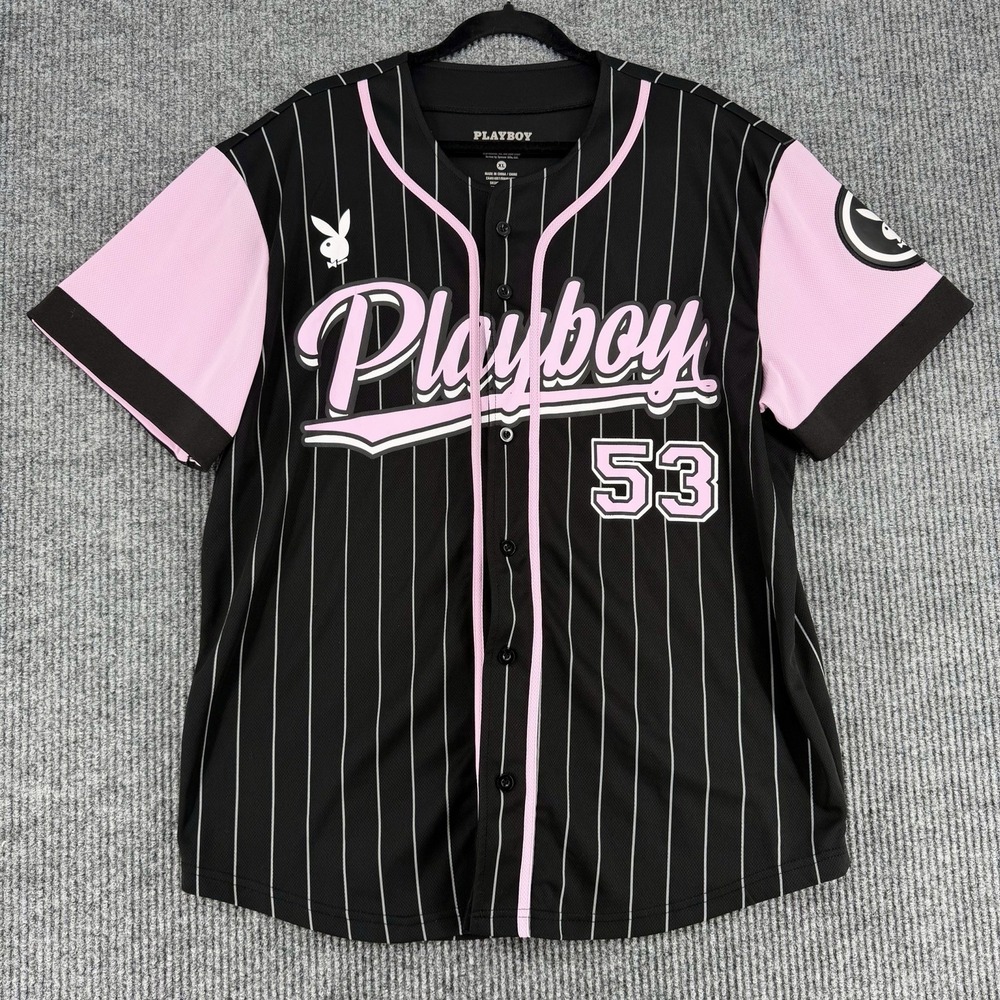 Playboy Magazine Black & Pink Striped Baseball Jersey '53 Unisex Size XL